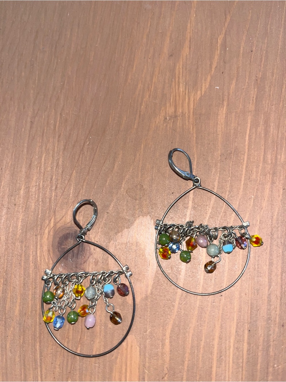 Glass  and metal handmade earrings with fun colors larger hoops dangles fun boho